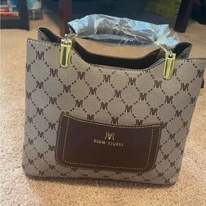 Brown Tote Bag with Monogram Pattern and Gold Hardware